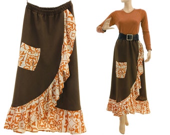 Brown linen ruffled maxi wrap skirt, long ruffled summer linen skirt, brown boho linen skirt, medium to plus size skirt DE M-L US size 12-14