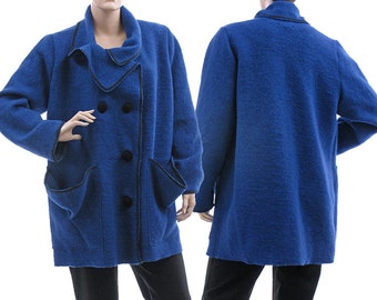 Blue boiled wool coat jacket misses to plus size, transitional season cobalt blue coat, lagenlook wool jacket coat, DE M-L, US size 12-16