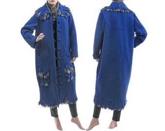 Blue wool maxi coat, fall winter spring boiled wool coat, long cobalt blue Lagenlook wool coat for medium to plus size M-L, US size 10-14