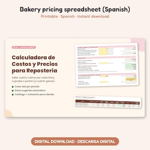 Puede incluir: Una plantilla de hoja de cálculo para precios de repostería en Excel y Google Sheets. El documento muestra el título Calculadora de Costos y Precios para Repostería, con secciones para análisis de costos, márgenes y un catálogo de productos.