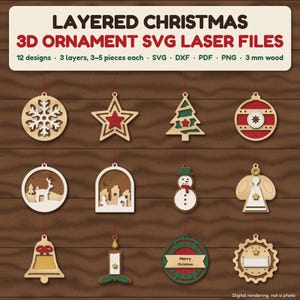 Puede incluir: Una colección de 12 diseños de adornos navideños 3D en capas para corte láser. El conjunto de archivos digitales incluye formatos SVG, DXF, PDF y PNG para madera de 3 mm. Los diseños incluyen un copo de nieve, estrella, árbol, bola, ciervo, pueblo, muñeco de nieve, ángel, campana, vela y motivos circulares.