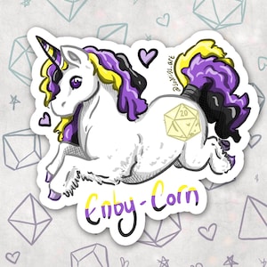 May include: A white unicorn with a yellow and purple mane and tail. The unicorn has a yellow horn with a purple stripe. The unicorn is holding a yellow 20-sided die. The unicorn is on a white background with a gray and purple pattern. The text "Enby-Corn" is written below the unicorn.