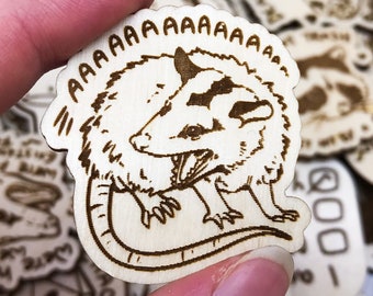 Aaaaaaaaaa Screaming Possum Trash Animal Wooden Pin Badge, Trash cat pin, Opossum Pin