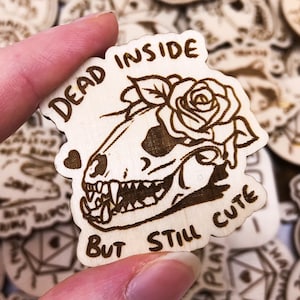 Dead Inside but Still Cute, Skull Pin, Possum Raccoon Skull, Funny Nihilist Meme Pin, Halloween Pin