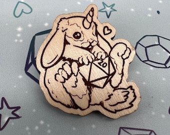 Adorable Dungeons and Dragons Almiraj Bunnicorn Wooden Pin Badge, DnD Pin, Gift for Gamers