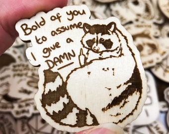 Bold of You to Assume I Give a Damn, Trash Panda Pin, Trash cat Pin, Wooden Raccoon Pin Badge