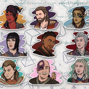 May include: Set of 8 illustrated stickers featuring diverse characters with different hairstyles, clothing, and skin tones. The characters are depicted in a cartoon style with a whimsical background.