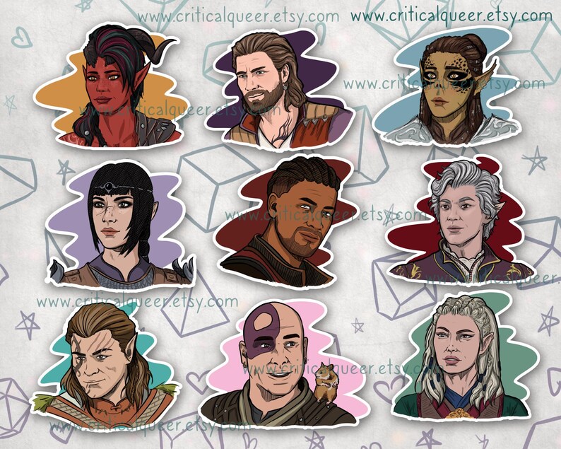 May include: Set of 8 illustrated stickers featuring diverse characters with different hairstyles, clothing, and skin tones. The characters are depicted in a cartoon style with a whimsical background.