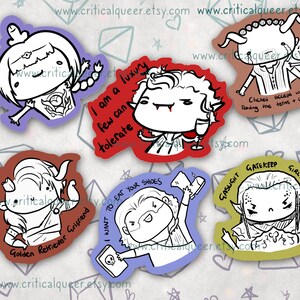 May include: Set of ten illustrated stickers featuring various characters with humorous text. The stickers are printed on white paper with black outlines and feature a variety of expressions. The text includes phrases like "Shart", "I am a luxury few can tolerate", "Mama K Golden Retriever Girlfriend", "I want to eat your shoes", "Gaslight Gatekeep Girlboss", and "Clicked accept without reading the terms & conditions".