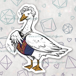 May include: A white goose wearing a blue and red vest with gold accents. The goose has a ruffled white collar and a white feathered crown. The goose is standing on a white background with a pattern of hearts and geometric shapes.