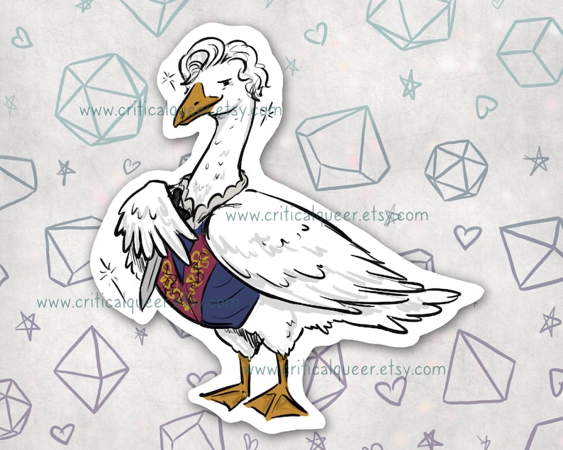 May include: A white goose wearing a blue and red vest with gold accents. The goose has a ruffled white collar and a white feathered crown. The goose is standing on a white background with a pattern of hearts and geometric shapes.