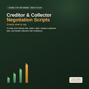 Könnte beinhalten: Ein dunkelgrünes digitales Dokument mit dem Titel Creditor & Collector Negotiation Scripts: Exactly what to say. Es enthält Text über die Senkung von Zinssätzen, Schuldenregulierung und Zahlungspläne sowie ein Balkendiagramm mit vier Balken.