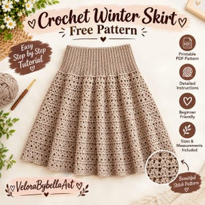 May include: A beige crochet winter skirt with a wide ribbed waistband and a repeating textured stitch pattern. The image includes text reading Crochet Winter Skirt Free Pattern, Easy Step by Step Tutorial, and VeloraBybellaArt.