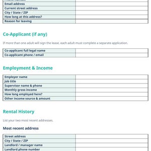 Può includere: Un modulo di richiesta di affitto bianco intitolato Paperwork Studio Professional Templates con sezioni per informazioni sul richiedente, co-richiedente, occupazione e reddito, e cronologia degli affitti con campi vuoti per i dati.