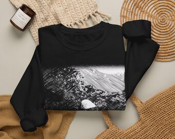 Sweatshirt met paddenstoelmotief, zwart-wit schetskunst, ronde hals, eenzame figuur en lege stoel, origineel kunstcadeau