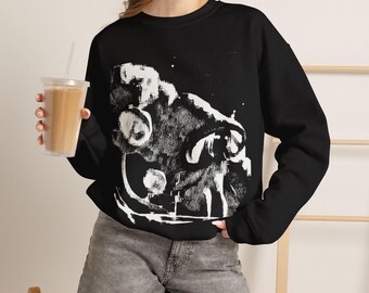 Sweatshirt met zwart-witte penseelstreken, donkere abstracte kunst, ronde hals, origineel kunstcadeau