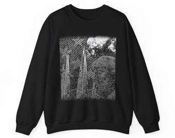 Dikke man die geraakt wordt, schets-sweatshirt, donkere anti-oorlogskunst-trui met ronde hals, zwart-wit geëtste illustratie, origineel kunstcadeau
