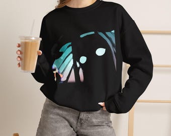 Sweatshirt met schaduwfiguur, beschilderde gloeiende ogen, surrealistische uitstraling in turquoise en roze, origineel kunstcadeau