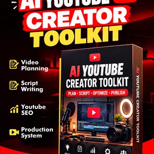 May include: A rectangular product box titled AI YOUTUBE CREATOR TOOLKIT with a red and black color scheme. The box features icons and text for Video Planning, Script Writing, Youtube SEO, and Production System, alongside a graphic of a computer setup.