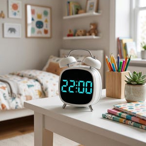 May include: A white twin-bell alarm clock with a black digital display showing the time 22:00 in bright cyan numbers. The clock features a rounded rectangular frame, two top bells, and small metal feet, resting on a white surface.