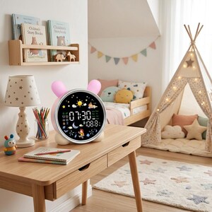 May include: A round digital alarm clock with pink rabbit ears on top, featuring a black display screen showing the time 07:30, a sun and moon icon, and various small colourful illustrations of a child, clouds, and stars on the interface.