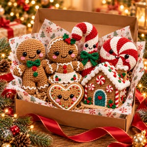 May include: A collection of crocheted Christmas ornaments in a cardboard box, including two gingerbread figures, a candy cane, a peppermint swirl, a heart-shaped cookie, and a small gingerbread house, all featuring embroidered faces.
