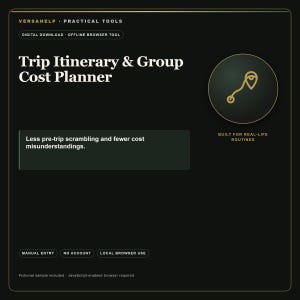 Pode incluir: Uma ferramenta de download digital preta intitulada Trip Itinerary & Group Cost Planner da Versahelp. Apresenta um ícone de localização dourado, o texto Built for Real-Life Routines e notas sobre entrada manual, sem conta e uso local.