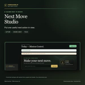 May include: A digital task management interface titled Next Move Studio with a dark green theme. The screen displays Mission Control, task input fields, a progress tracker showing level 1 with 0/90 XP, and buttons labeled Capture, Choose a Move, and Focus.