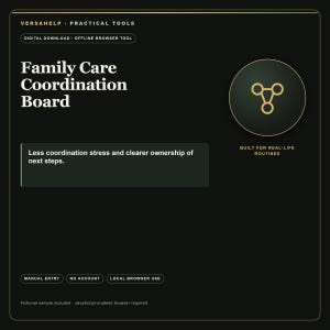 May include: A black digital interface titled Family Care Coordination Board by Versahelp. It features a gold circular icon, text stating Less coordination stress and clearer ownership of next steps, and labels for Manual Entry, No Account, and Local Browser Use.