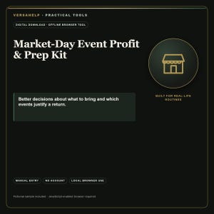 以下が含まれることがあります： Market-Day Event Profit & Prep Kitというタイトルの黒いデジタルダウンロードツール。金色のショップアイコン、イベントの意思決定に関するテキスト、手動入力およびローカルブラウザ使用のラベルが表示されています。