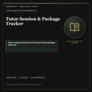 以下が含まれることがあります： VersahelpのTutor Session & Package Trackerと題された黒いデジタルインターフェース。金色の本のアイコン、Fewer missed sessions and clearer lesson-package balancesというテキスト、手動入力およびローカルブラウザ使用のラベルが表示されています。