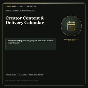 Op de afbeelding: Een zwarte digitale downloadtool getiteld Creator Content & Delivery Calendar. Het bevat een gouden kalenderpictogram, de tekst Built for Real-Life Routines en een vak met de tekst A more reliable publishing rhythm and fewer missed commitments.