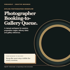 May include: A dark charcoal digital template titled Photographer Booking-to-Gallery Queue. It features white and gold text, a manual workspace description, and a circular graphic element on the right side with concentric rings in gold and dark green.