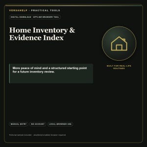 Pode incluir: Uma interface digital preta intitulada Home Inventory & Evidence Index da Versahelp. Apresenta um ícone de casa dourada, texto sobre tranquilidade e etiquetas para entrada manual, sem conta e uso de navegador local em fundo escuro.
