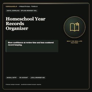 Pode incluir: Uma interface de download digital preta intitulada Homeschool Year Records Organizer da Versahelp. Apresenta um ícone de livro dourado com uma estrela, o texto More confidence at review time and less scattered record keeping e etiquetas de entrada manual.