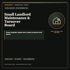 Peut inclure: Un outil de navigation en téléchargement numérique intitulé Small Landlord Maintenance & Turnover Board. L'interface noire présente du texte doré, une icône de maison avec une coche et la phrase Built for real-life routines. Inclut des options.