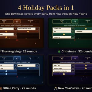 May include: A digital game bundle titled 4 Holiday Packs in 1, featuring four distinct game boards for Thanksgiving, Christmas, Office Party, and New Year's Eve. Each board displays trivia-style questions, point values, and team scores in a dark theme.