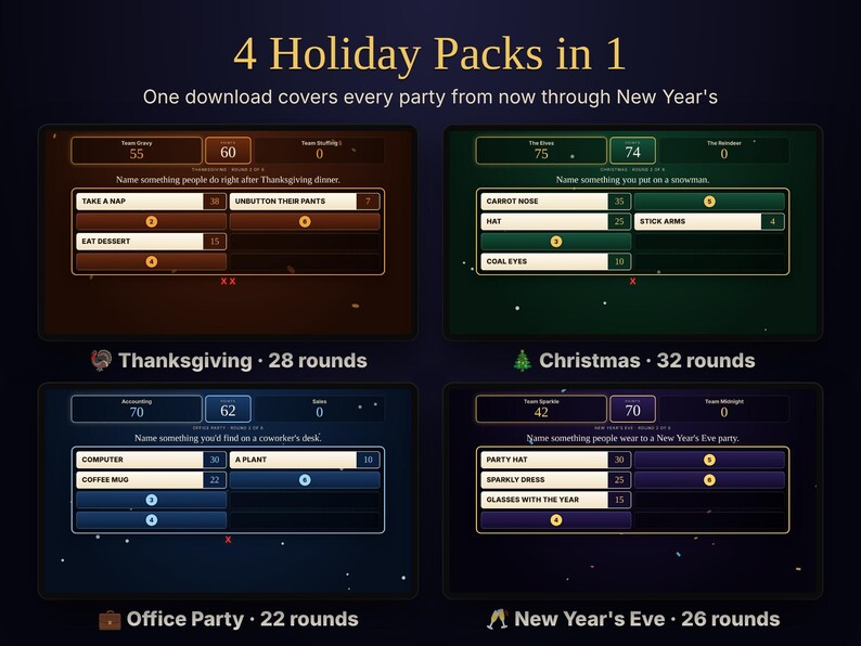 May include: A digital game bundle titled 4 Holiday Packs in 1, featuring four distinct game boards for Thanksgiving, Christmas, Office Party, and New Year's Eve. Each board displays trivia-style questions, point values, and team scores in a dark theme.