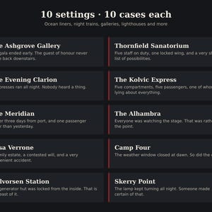 May include: A dark gray informational graphic titled 10 settings 10 cases each, listing ten mystery scenarios including The Ashgrove Gallery, Thornfield Sanatorium, The Evening Clarion, The Kolvic Express, The Meridian, The Alhambra, Casa Verrone, Camp Four, Halvorsen Station, and Skerry Point with brief descriptive text for each.