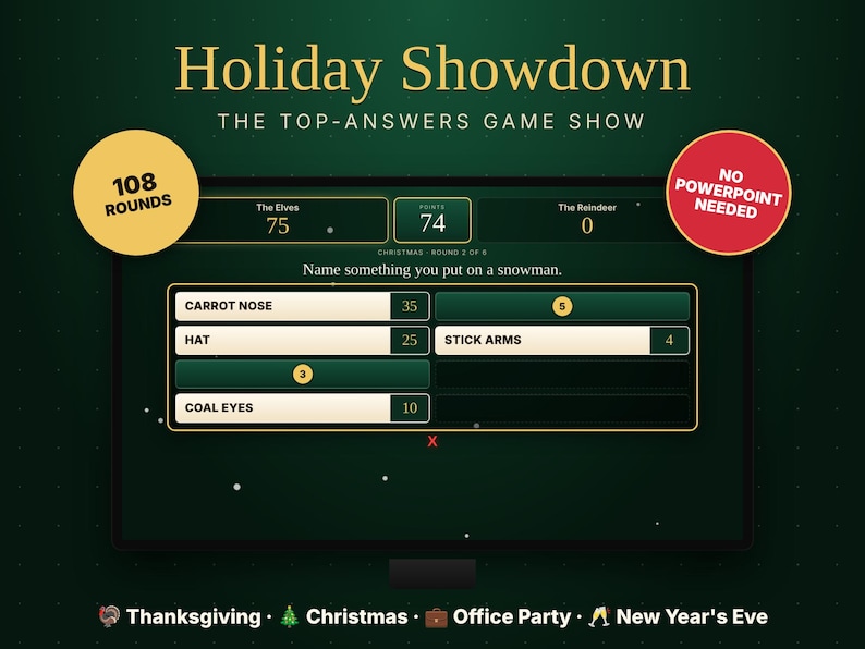 May include: A digital game show interface titled Holiday Showdown The Top-Answers Game Show. The screen displays a question, Name something you put on a snowman, with answers including Carrot Nose, Hat, Stick Arms, and Coal Eyes with point values.