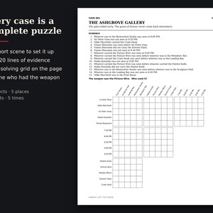 May include: A logic puzzle page titled The Ashgrove Gallery featuring a mystery scenario, fifteen numbered evidence clues, and a grid for solving the case. The text includes Every case is a complete puzzle, 5 suspects, 5 places, 5 objects, and 5 times.