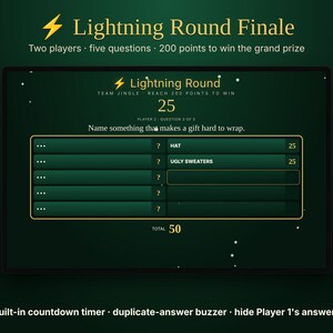 May include: A digital game interface titled Lightning Round Finale with a dark green background and gold text. The screen displays a trivia question asking to name something that makes a gift hard to wrap, with answers Hat and Ugly Sweaters listed.