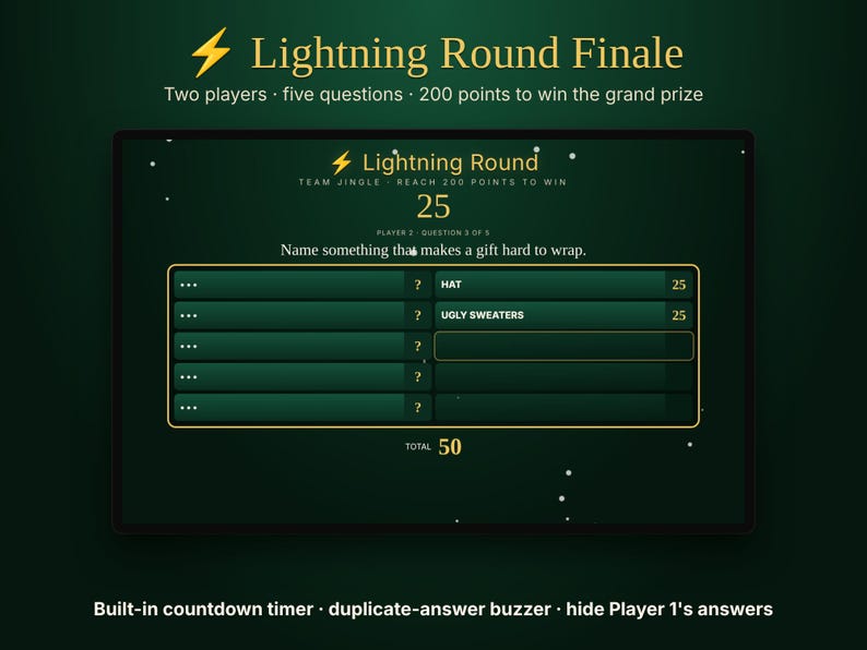 May include: A digital game interface titled Lightning Round Finale with a dark green background and gold text. The screen displays a trivia question asking to name something that makes a gift hard to wrap, with answers Hat and Ugly Sweaters listed.