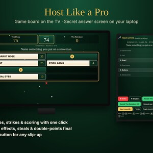 May include: A digital game interface featuring a TV screen displaying a survey board with answers like CARROT NOSE and HAT, alongside a laptop host screen showing private game controls, round information, and scoring buttons for a holiday trivia game.