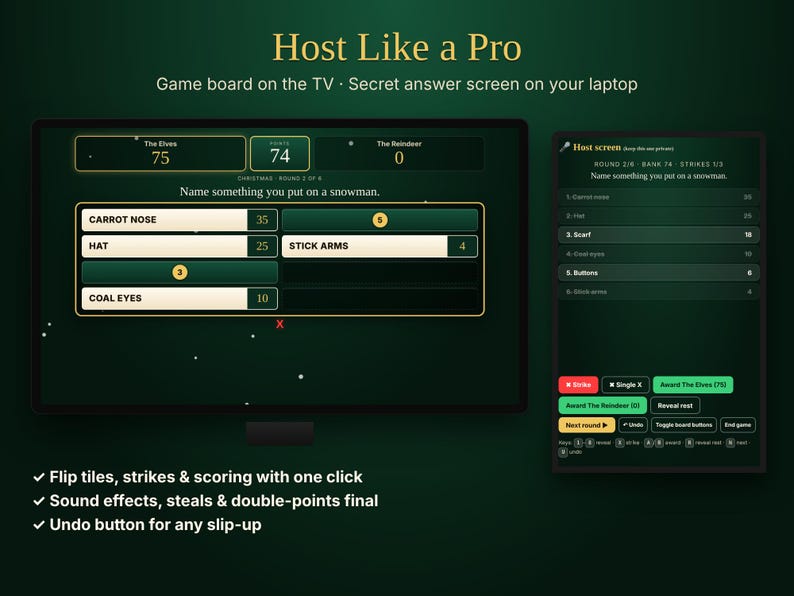 May include: A digital game interface featuring a TV screen displaying a survey board with answers like CARROT NOSE and HAT, alongside a laptop host screen showing private game controls, round information, and scoring buttons for a holiday trivia game.