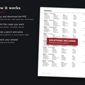 May include: A black background featuring white text titled How it works with four numbered steps for a digital download. To the right, a white document page displays a list of solutions with a red rectangular overlay stating SOLUTIONS INCLUDED.