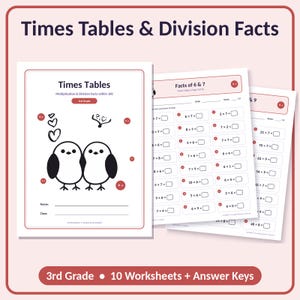 Hojas de ejercicios de tablas de multiplicar, matemáticas de 3.er grado / PDF imprimible con claves de respuestas / Matemáticas para educación en casa / Estándares Common Core