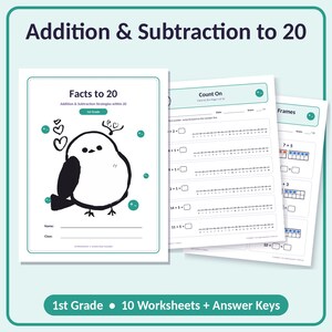 Hojas de ejercicios de matemáticas hasta el 20, 1.er grado / PDF imprimible con claves de respuestas / Matemáticas para educación en casa / Estándares Common Core