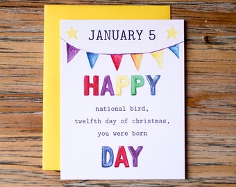 Jan. 5: Watercolor holiday birthday card for him or her - 4.25 x 5.5
