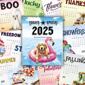 2025 Mini-Schreibtischkalender-Nachfüllseiten mit Feiertagen und lustigen Aquarellbildern aus dem Today's Special